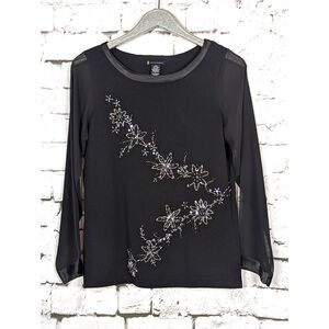 VINTAGE LAUREN HANSEN Y2K Black Silk Blend Beaded Knit Top Sheer Sleeve Large